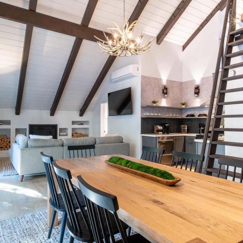 Modern chalet interior with stylish decor, ideal for a Lake Arrowhead family vacation.
