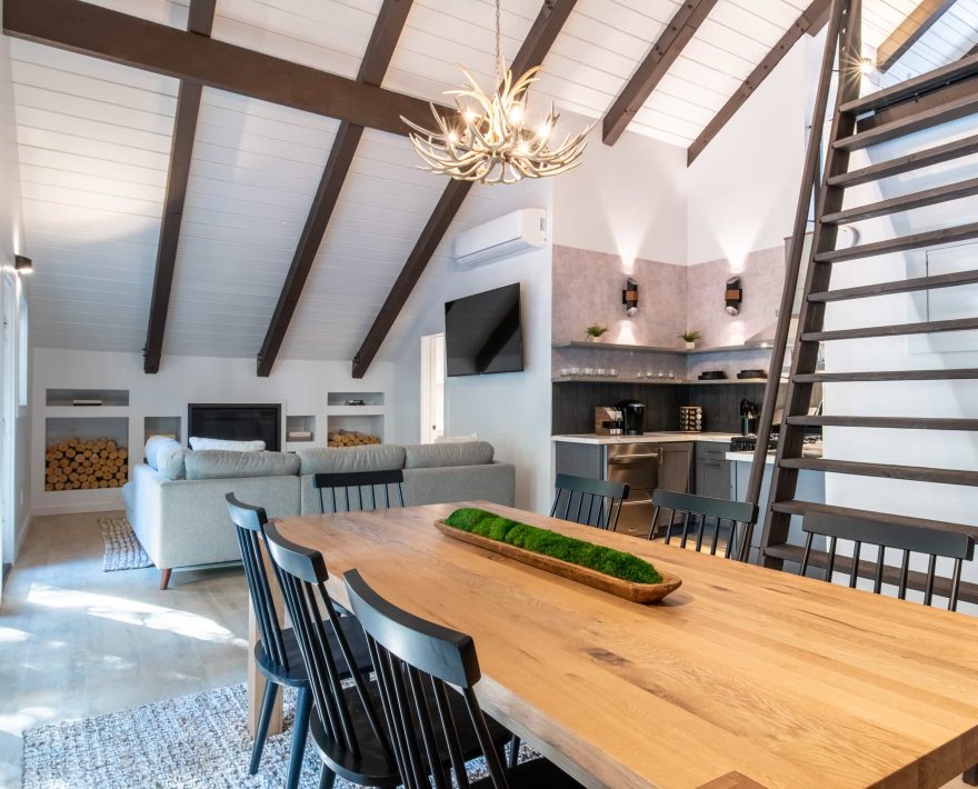 Modern chalet interior with stylish decor, ideal for a Lake Arrowhead family vacation.