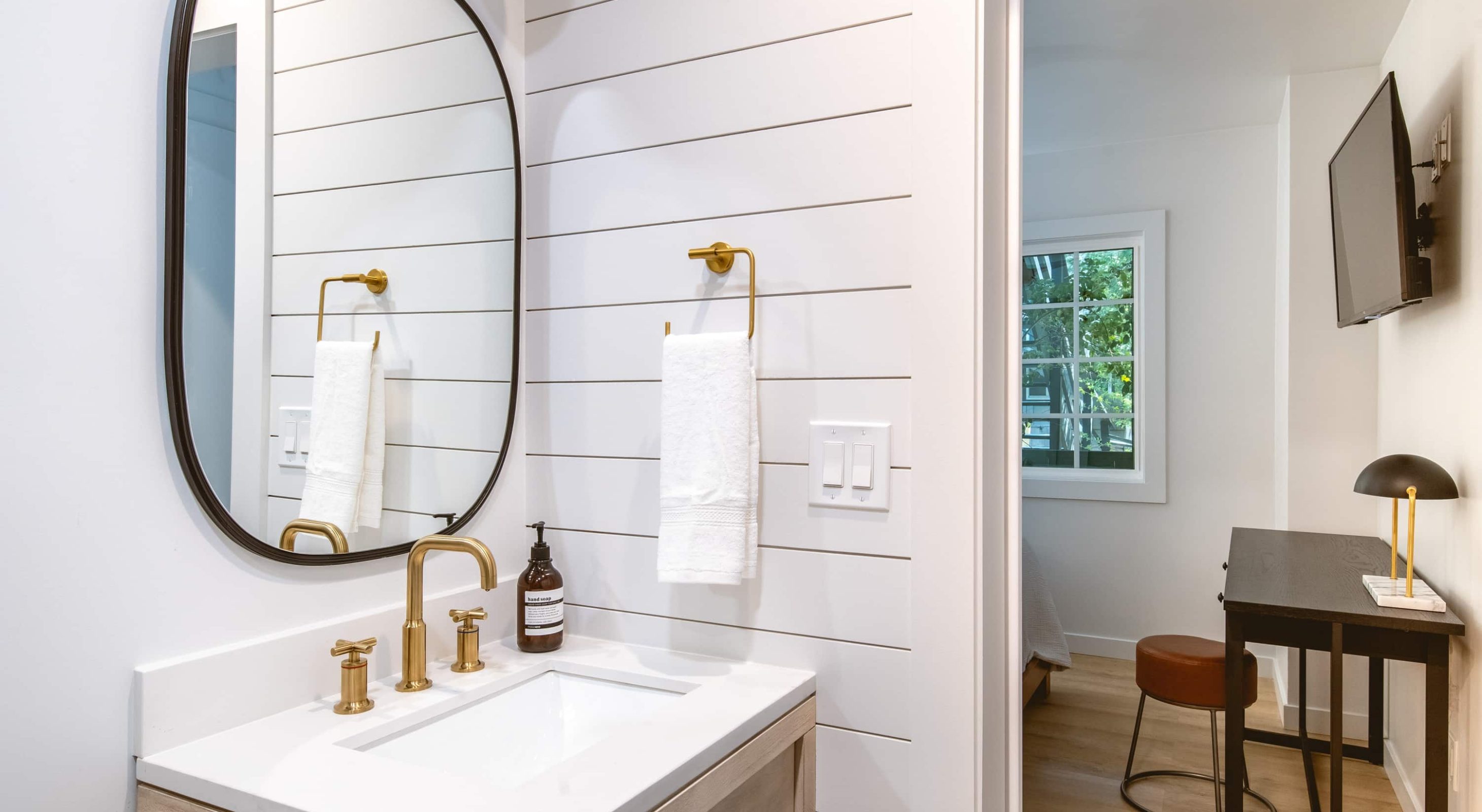 Modern bathroom in boutique hotel near the village; ideal for a Lake Arrowhead escape.