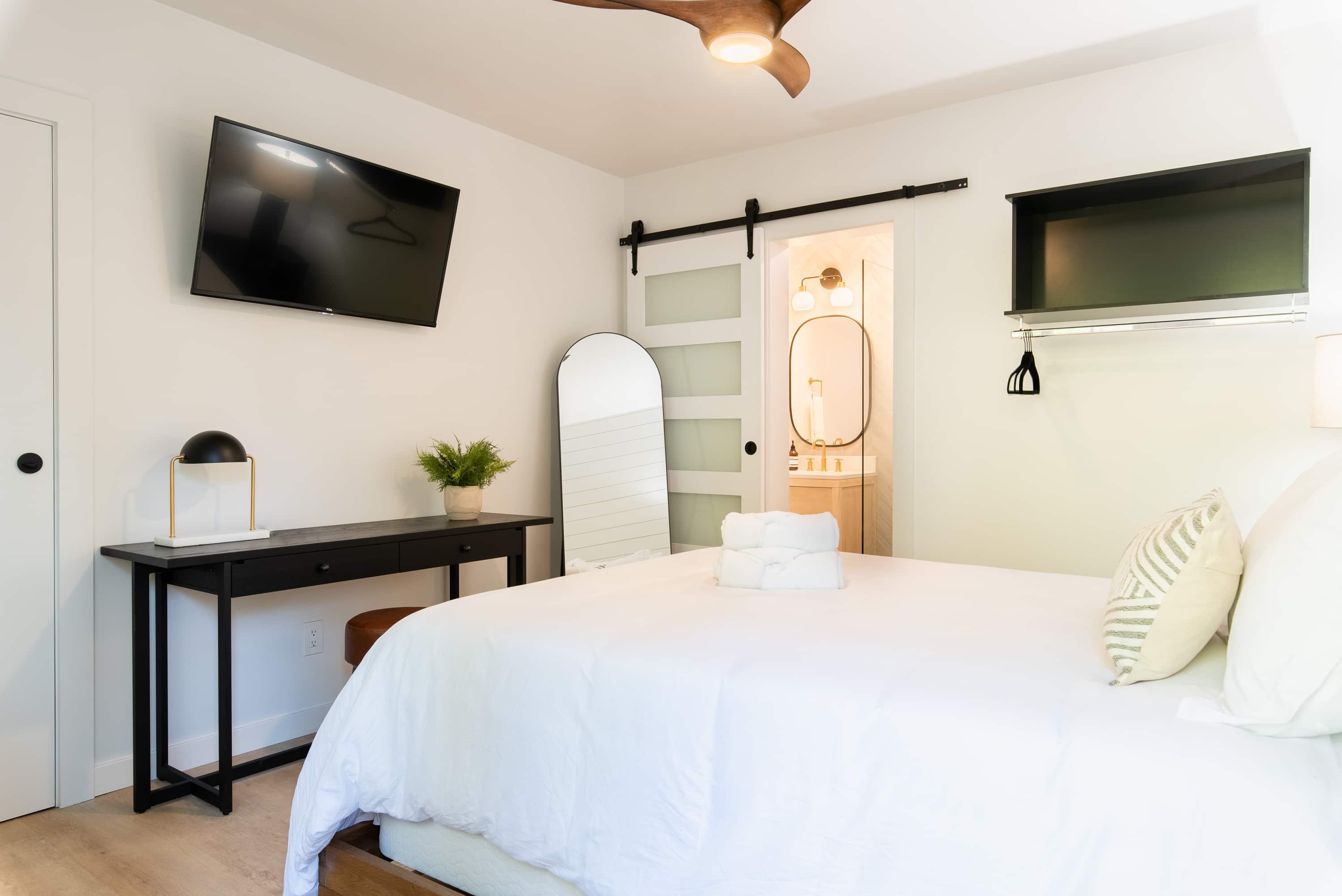 Modern, cozy room at a top place to stay in Lake Arrowhead, featuring elegant decor.
