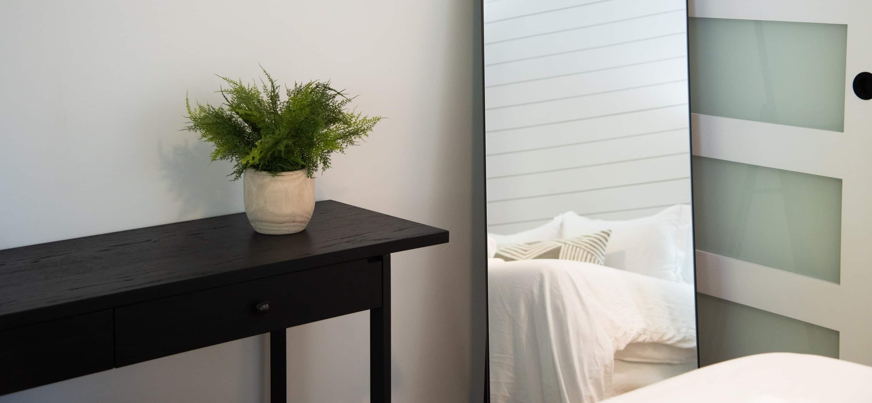 Modern hotel room with mirror and plant at a cozy mountain retreat near Lake Arrowhead.