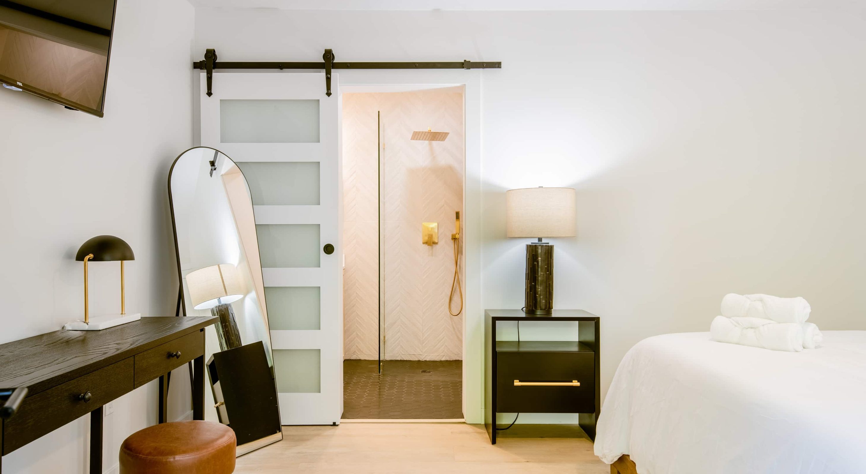 Modern room at a Boutique Hotel Near The Village; features elegant decor and cozy ambiance.