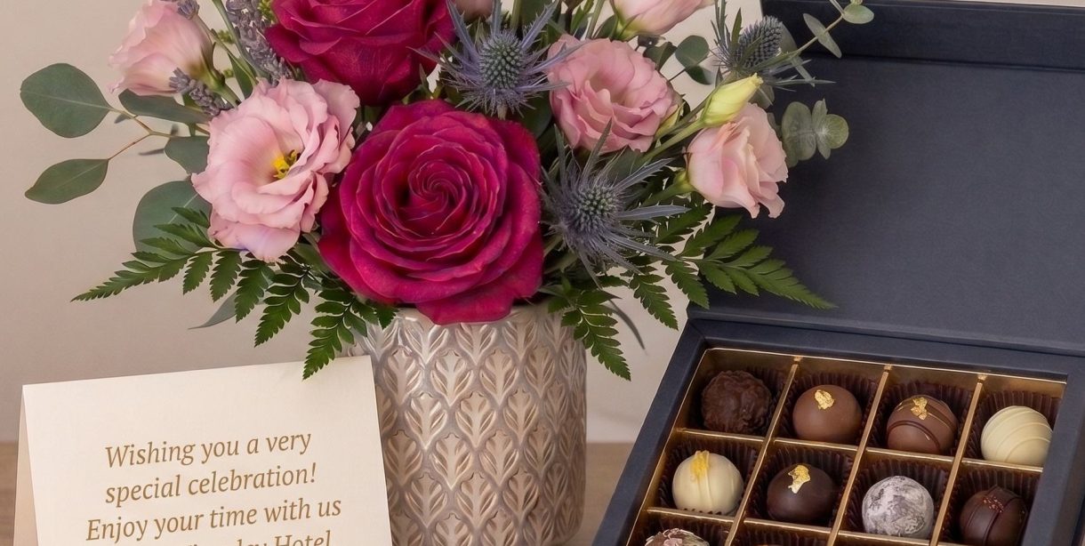 Elegant flower bouquet and chocolates at The Kingsley Hotel, a cozy mountain retreat.