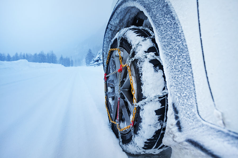 Tire chains for snowy winter roads in the mountains