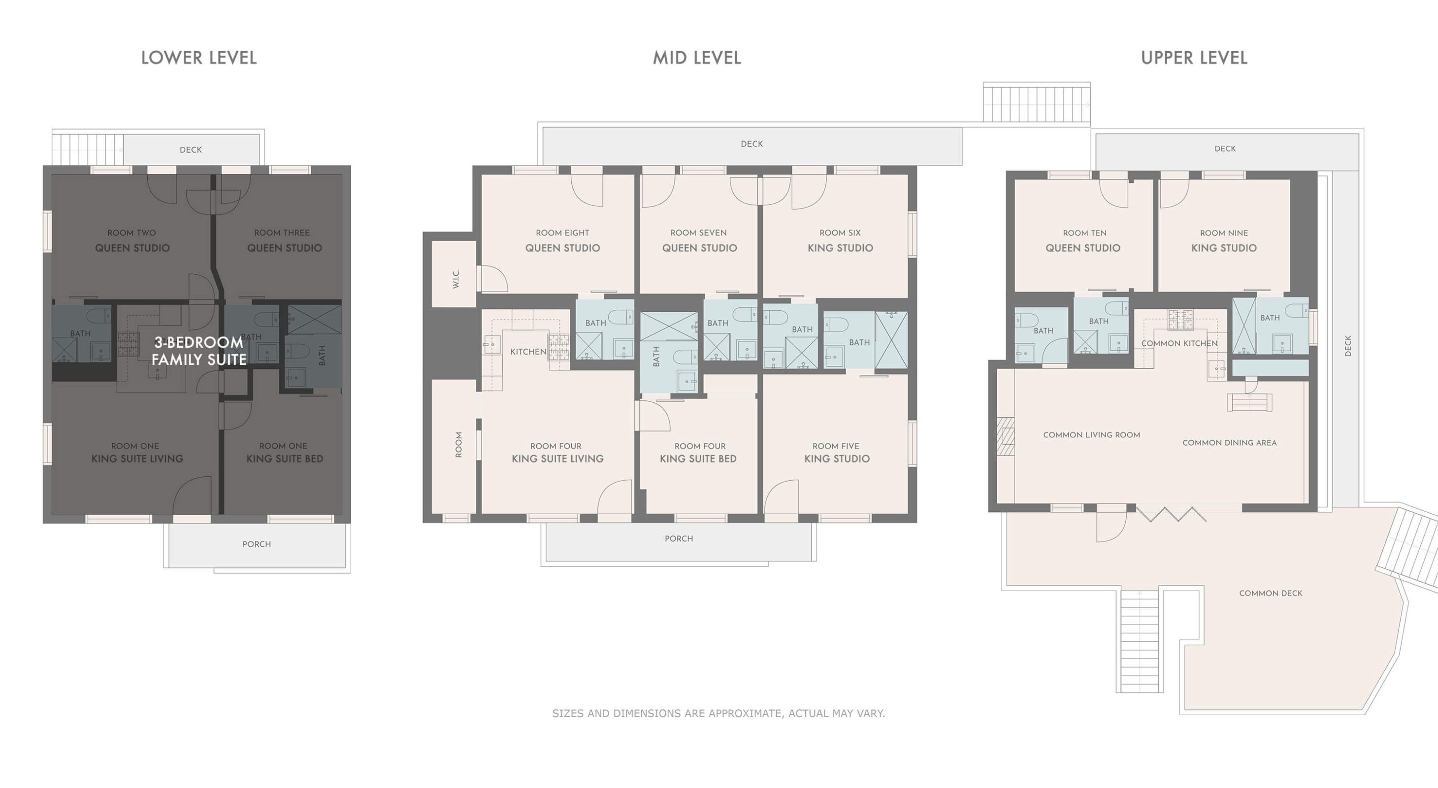 Floorplans for the 3 bedroom family suite at The Kingsley Hotel in Lake Arrowhead